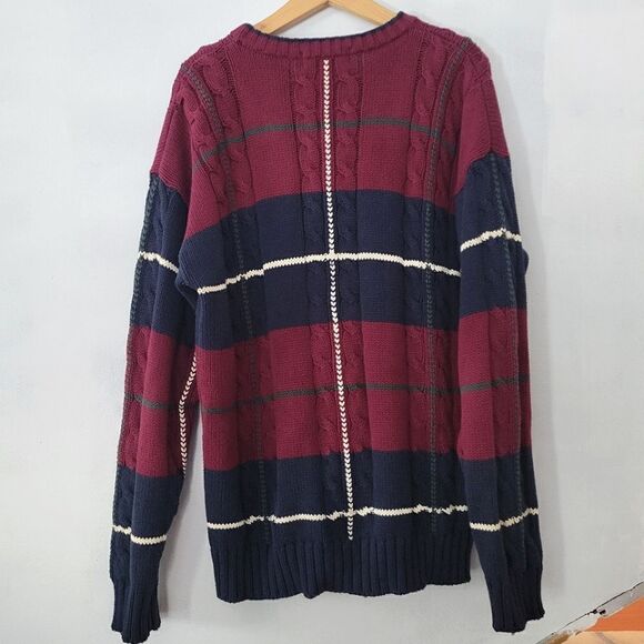 John Ashford 100% Cotton Plaid Knit Sweater Burgundy/Navy/White/Green Large 90s - Picture 7 of 7